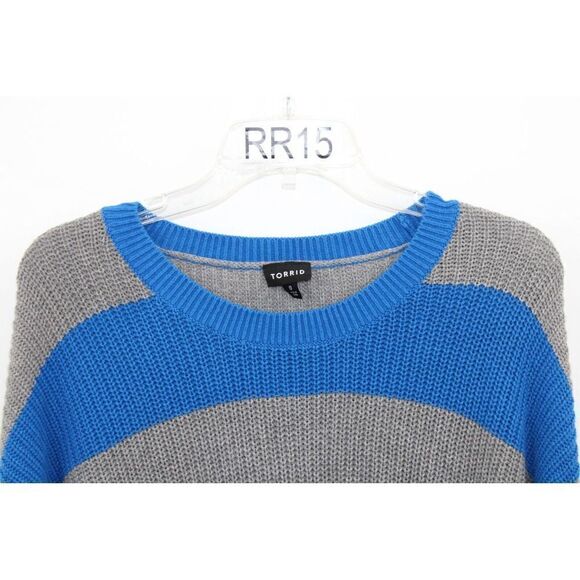 Torrid Sweater Size 0 Gray Blue Striped Knit Cotton Long Sleeve Drop Shoulders - Picture 5 of 9